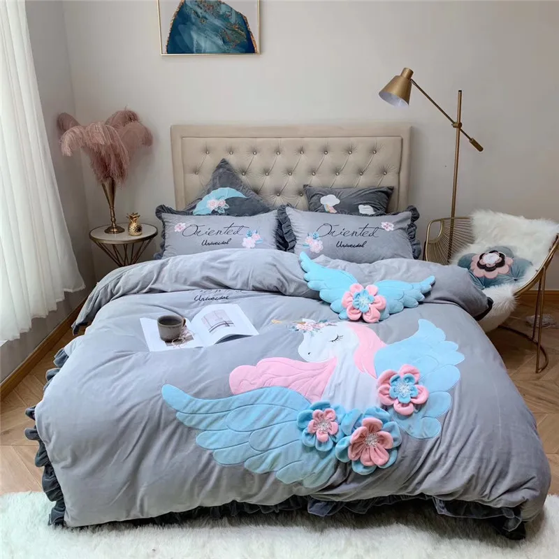 Angel Unicorn Fleece Keep Warm In Winter Bedding Set Duvet Cover Bed Linen sheet Pillowcases 4/7Pcs | Дом и сад