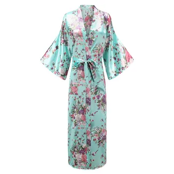 

Female Kimono Bathrobe Gown 3/4 Sleeve V-neck Long Bride Wedding Robe Sleepwear Satin Intimate Lingerie Print Flower Night Dress