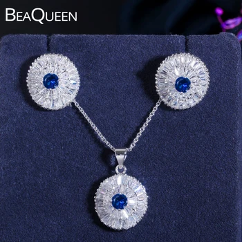 

BeaQueen Lovely Irregular Round Earrings Necklace Royal Blue Cubic Zircon Crystal Fashion Party Jewelry Sets for Women JS039