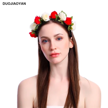 

DUOJIAOYAN handmade flower hair accessories rose with leaves hair hoop wedding praty floral garland girls headbands crown