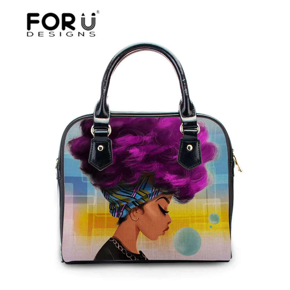 FORUDESIGNS Shoulder Bags Women PU Leather Handbags Black Art African