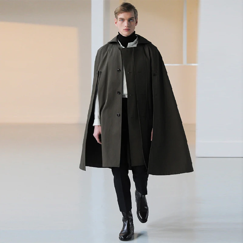 Fall and winter men's medium-length loose lapel single-row buttoned wool bat coat cloak coat trend Fall and winter men's medium-length loose lapel single-row buttoned wool bat coat cloak coat trend