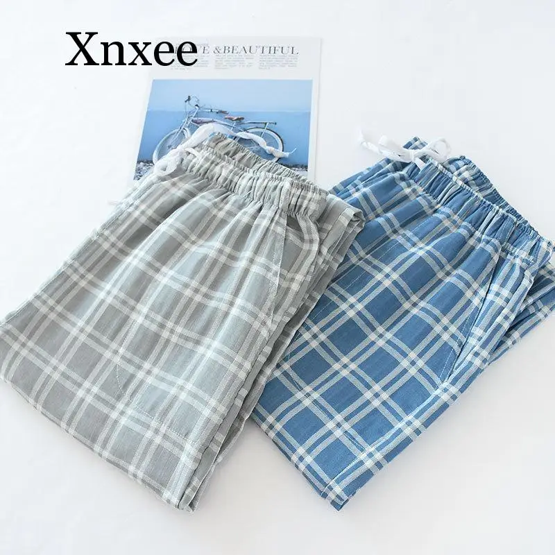 Men's Cotton Gauze Trousers Plaid Knitted Sleep Pants Mens Pajamas Pants Bottoms Sleepwear Pajama Short for Men Pijama Hombre