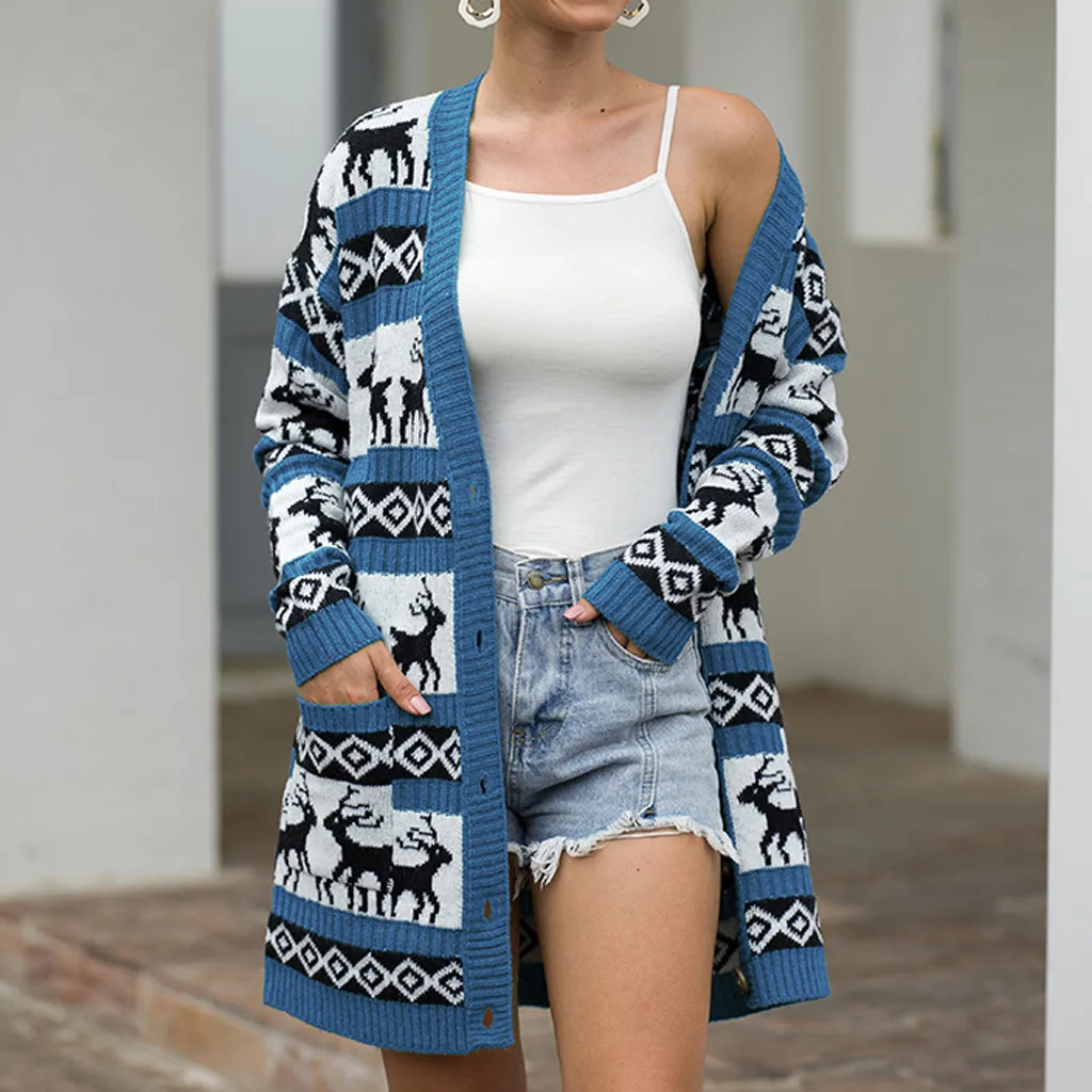 JAYCOSIN Women Sweater Christmas Elk Print Fashion Sweater Open stitch female Winter Long Sleeve sweaters overcoats pockets