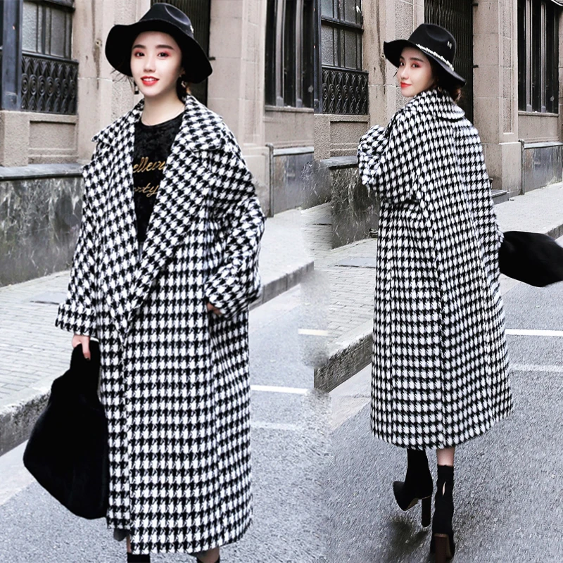 Plaid Wool Coat Women Houndstooth Coat Office Lady Loose Overknee Long Retro Winter Coat Women Elegant Cotton-padded Clothing men sweater 100% cashmere winter warm new turtleneck thick plaid pullovers standard wool men clothing knitted