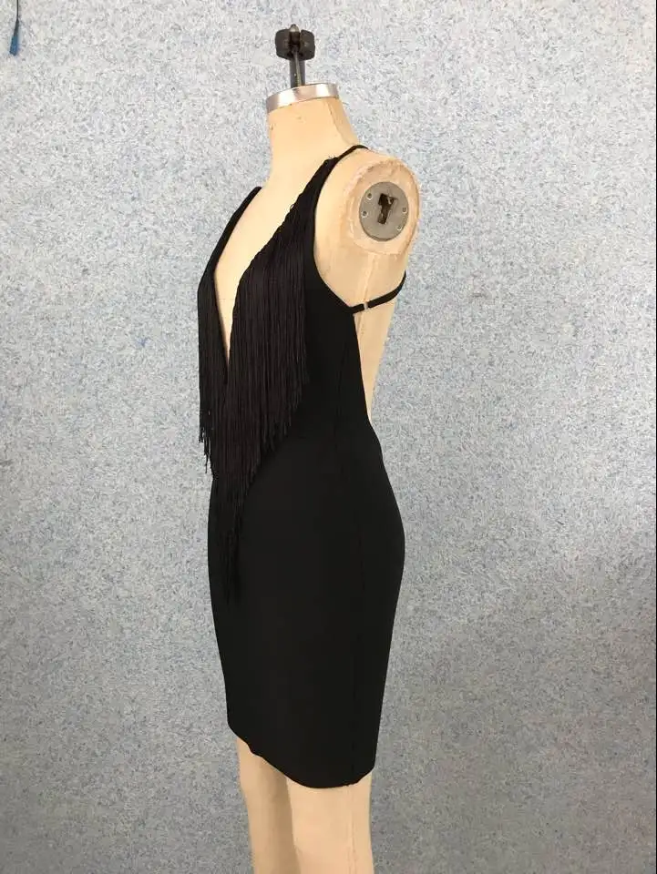 Vestidos Women Sexy Deep V Neck Designer Thick Rayon Tassel Black Red Bandage Dress Celebrity Night Club Party Dress