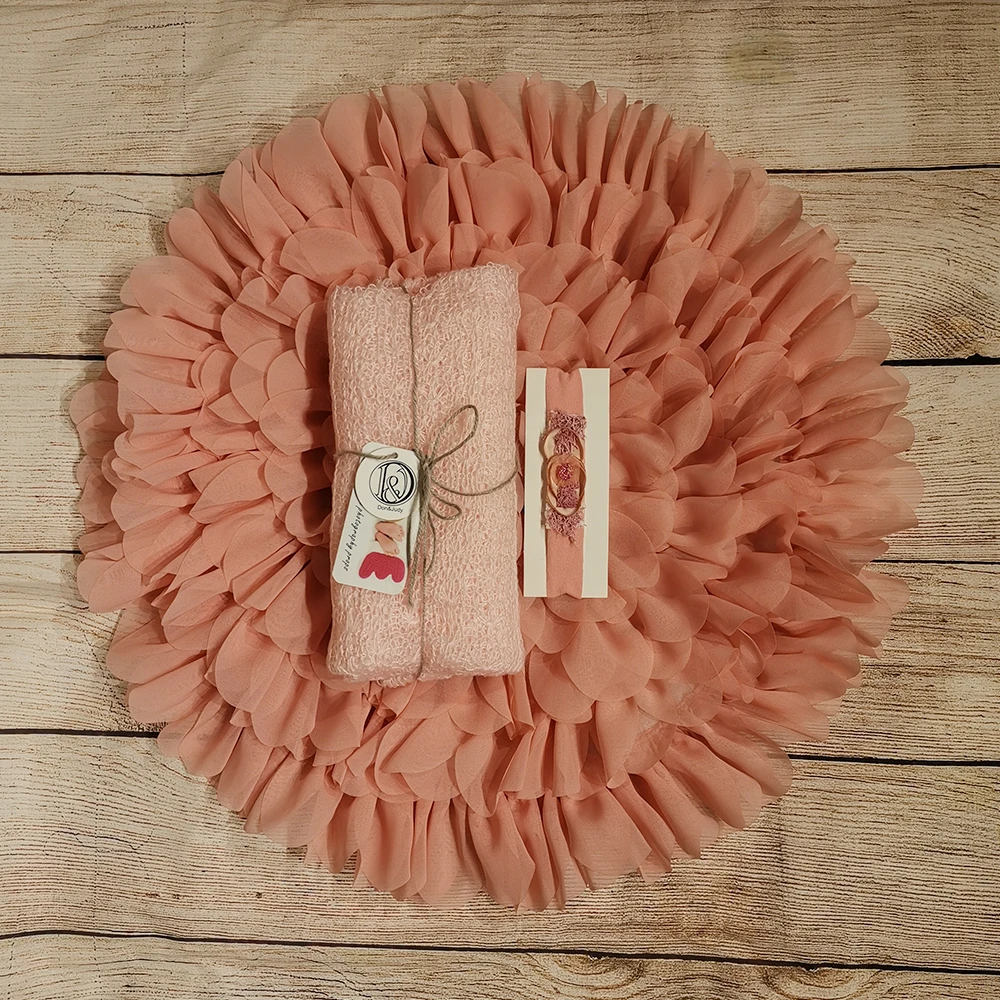 

50cm Flower Style Mat Soft Chiffon Cushion+ 150*40cm Stretch Mohair Knit Wrap+matched headband for Newborn Photography Props