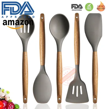 

Amazon 5 Pieces of Wood Handle Silicone Kitchenware Nonstick Cooking jian chan Colander Five Pieces Set