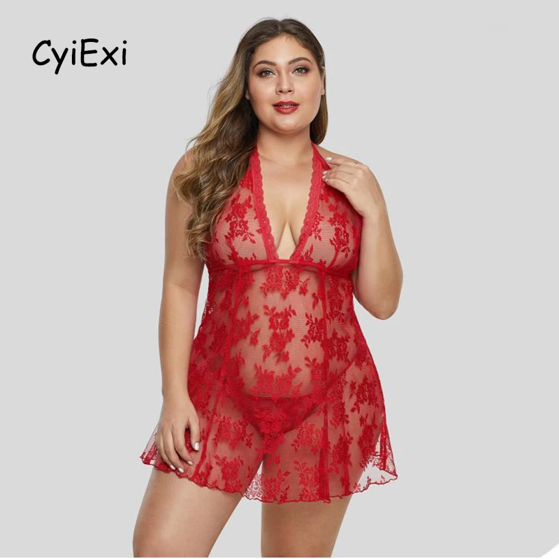 

CyiExi Floral Lace Plus Size Women Lingerie Babydoll Sexy Open Back Halter Dress + Thong 2 Piece Sets Nightgown Female Sleepwear