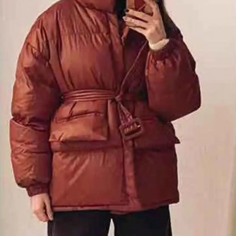 Корейские женские зимние парки со стоячим воротником с поясом, толстые теплые куртки, пальто, однотонные хлопковые стеганые пальто