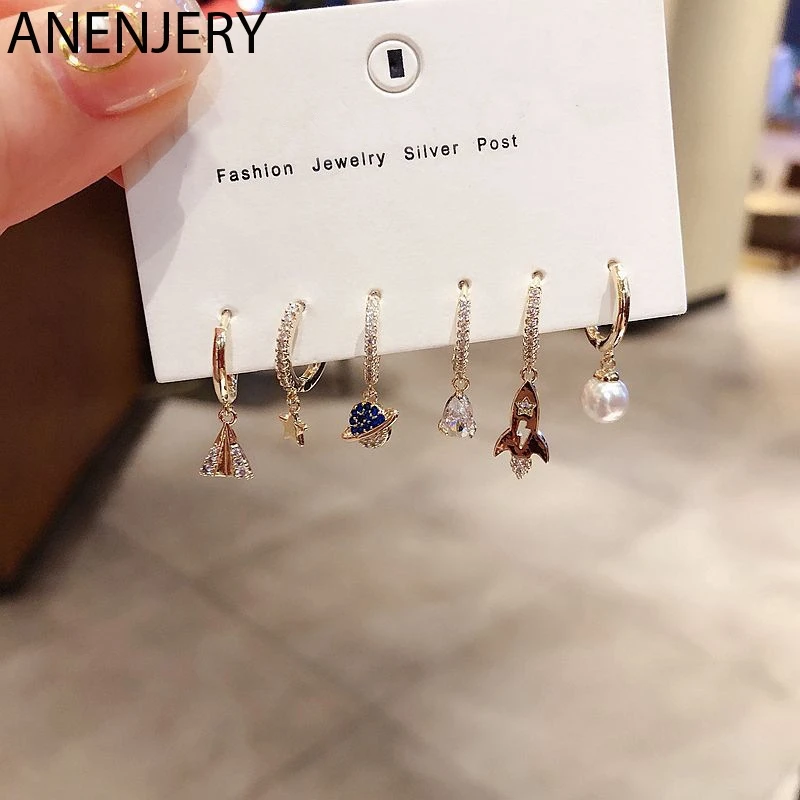 ANENJERY 925 пробы серебряные серьги 6 шт. наборы жемчужная мозаика циркон самолет звезда Луна и Вселенная кольца