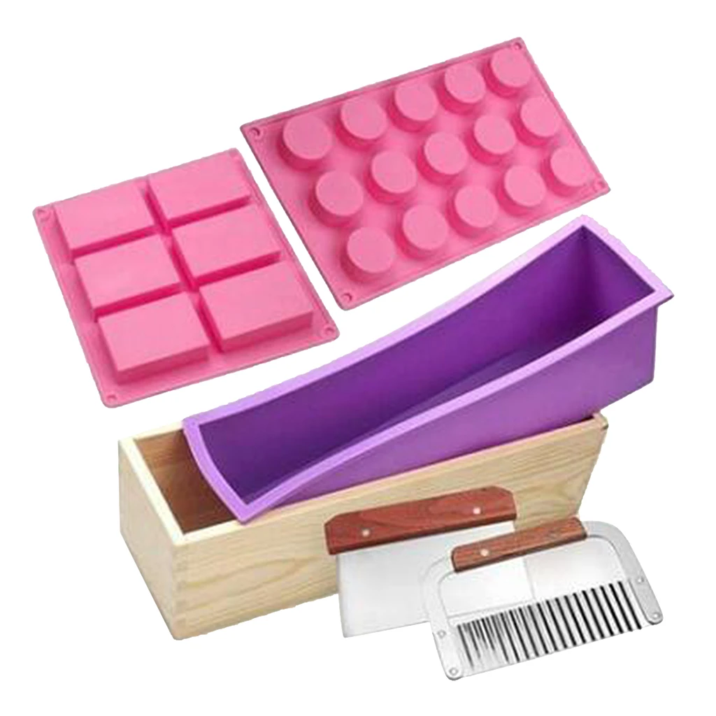 Silicone Soap Mold Wood Box Kit Flexible Cake Mold, Stainless Steel Wavy Straight Scraper Soap Cutter Slicer for Candle Making