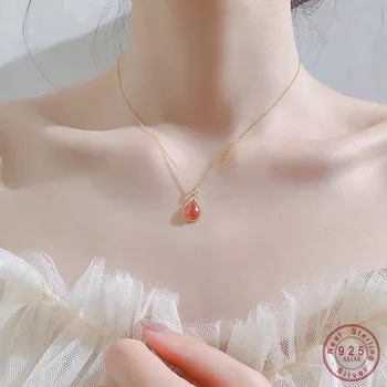 

Sterling Silver Natural Red Ice Flower Stone Inlaid Pendant Necklace Clavicle Chain Women Casual Clothing Jewelry Accessories