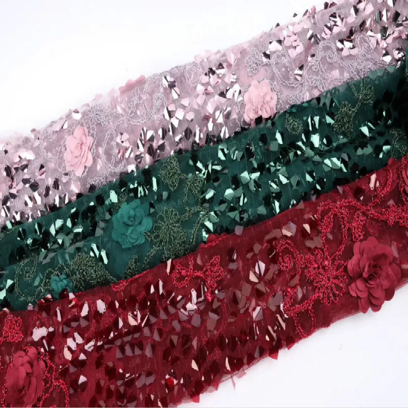 New mesh lace sequin fabric High-end wedding dress embroidered fabric super wave thin dress lace fabric