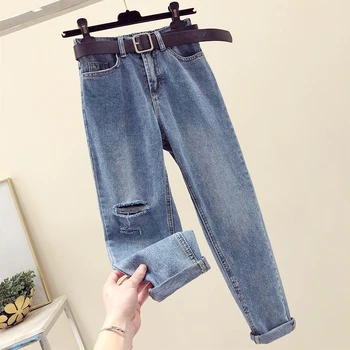 

Spring Hole Denim jean for woman High Waist Pants Vintage skinny jean High Waist femme ripped boyfriend jeans