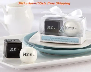 

(30Pcs/lot=15Sets) Wedding souvenirs of Bride and Groom salt and pepper of Mr and Mrs Ceramic Salt and Pepper Shakers Party gift