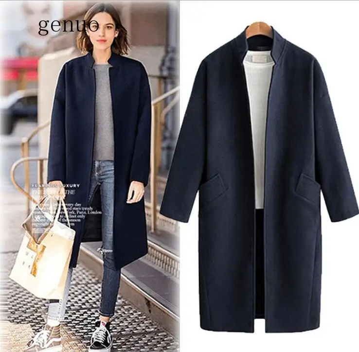 Genuo New Woolen Coat Female Mid-Long Casual Women Solid Warm Slim Turn-down Collar Cardigan Coat Outerwear Winter Clothing New