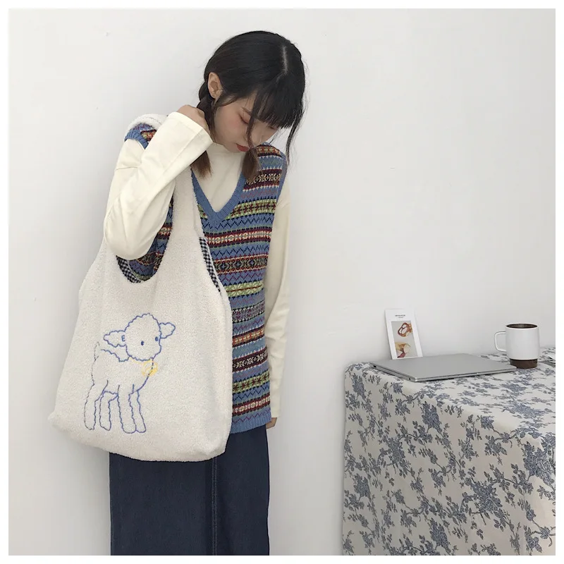 

Women Lamb Like Fabric Shoulder Bag Simple Canvas Handbag Tote Large Capacity Embroidery Shopping Bag Cute Book Bags For Girls
