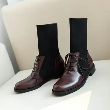 

Bottes femme new winter shoes women's mid-calf boots genuine leather vintage knitting preppy style botas zapatos de mujer