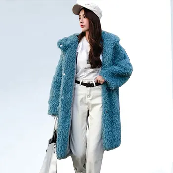 

Blue Curly Long Hairy Shaggy Faux Lamb Wool Fur Coat Winter Women Hooded Fur Jackets Loose Long Outerwear Liner plus cotton