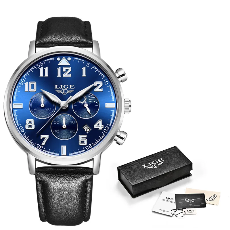 L silver blue LIGE Горячая Мода Нержавеющая сталь мужские часы, Хронограф Спортивные Повседневное кварцевые часы Бизнес мужские водонепроницаемые часы reloj hombre - Цвет: L silver blue