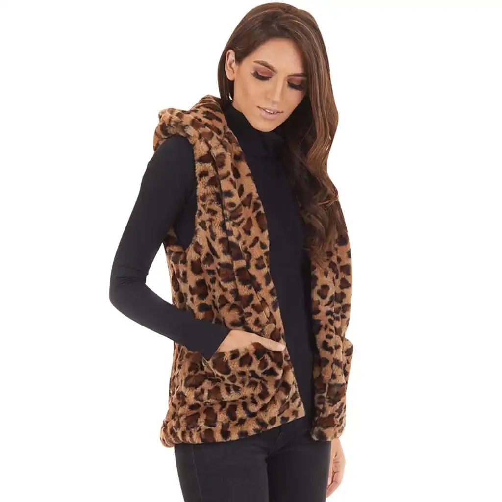 Chaleco de mujer Abrigos de piel sintética cárdigan con capucha sin mangas  estampado de leopardo bolsillos de talla grande invierno cálido Top moda| |  - AliExpress