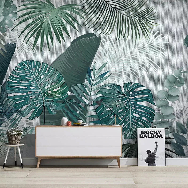 

Custom Wall Mural Papel De Parede 3D Nordic Tropical Plants Leaf Murals Modern Pastoral Living Room Waterproof Canvas Wallpaper