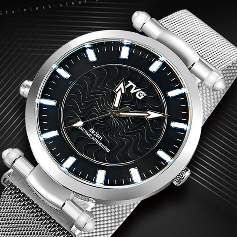 

2020 TVG Watch Fashion Simple Watches Men Silver Mesh Band Led Scale Display Quartz Wristwatches Relogio Masculino Reloj Hombre