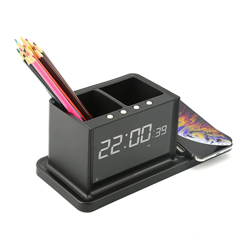 

LED Digital Multifunction Alarm Clock USB Wireless Quick Charger Calendar Clock Dual Office Home Desktop Storage Box Pen Holder