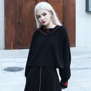 

2019 Autumn Sweet Lacework Rose Embroidery Girls Preppy Style Casual Pullovers Sailor Collar Crop Tops Women Loose Outfits