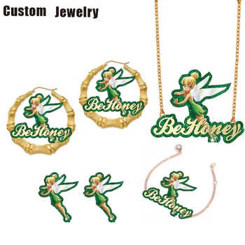 

BeHoney Customize name Fairy Necklace earrings Cute Angel Wings Love Elf Pendant Necklace Jewelry sets