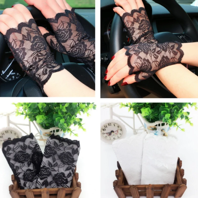 White Black UV-Proof Driving Gloves Short Fingerless Sexy Lace Gloves Lace Accessories for Bride For Women