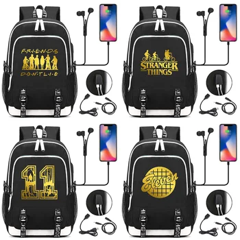 

Stranger Things Printed Golden USB Headphone Jack Boy Girl Kids School bag Women Bagpack Canvas Men Backpack Packsack Bookbag