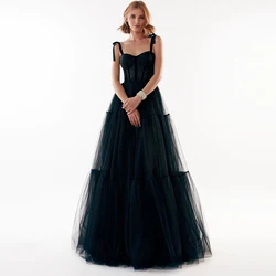 Fivsole Sweetheart Pleated Tulle Prom Dresses Bow Straps Long A-Line Beading Crystal Wedding Party Dress Lace-up Evening Gown