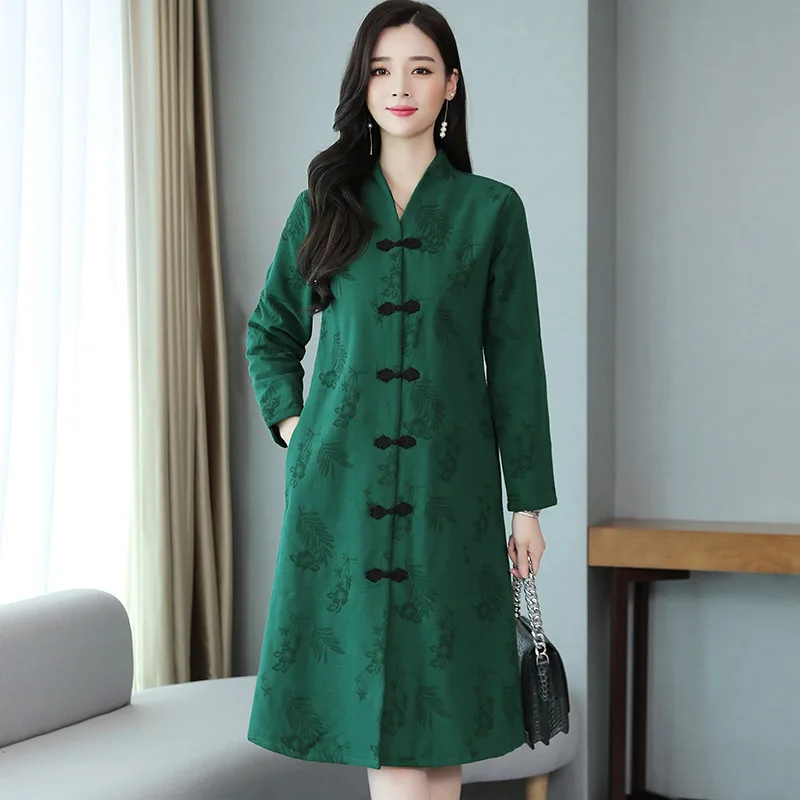 

2019 Winter New Style Jacquard Brushed And Thick Cotton Linen Ethnic-Style Loose And Plus-sized WOMEN'S Dress over-the-Knee Coat
