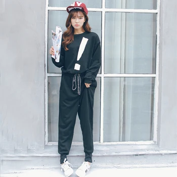 

Milinsus Women Tracksuit Set Sporty Mark Print Loose Crew Neck Sweatshirt Casual Harem Pants Korean Fashion New Black Outfits