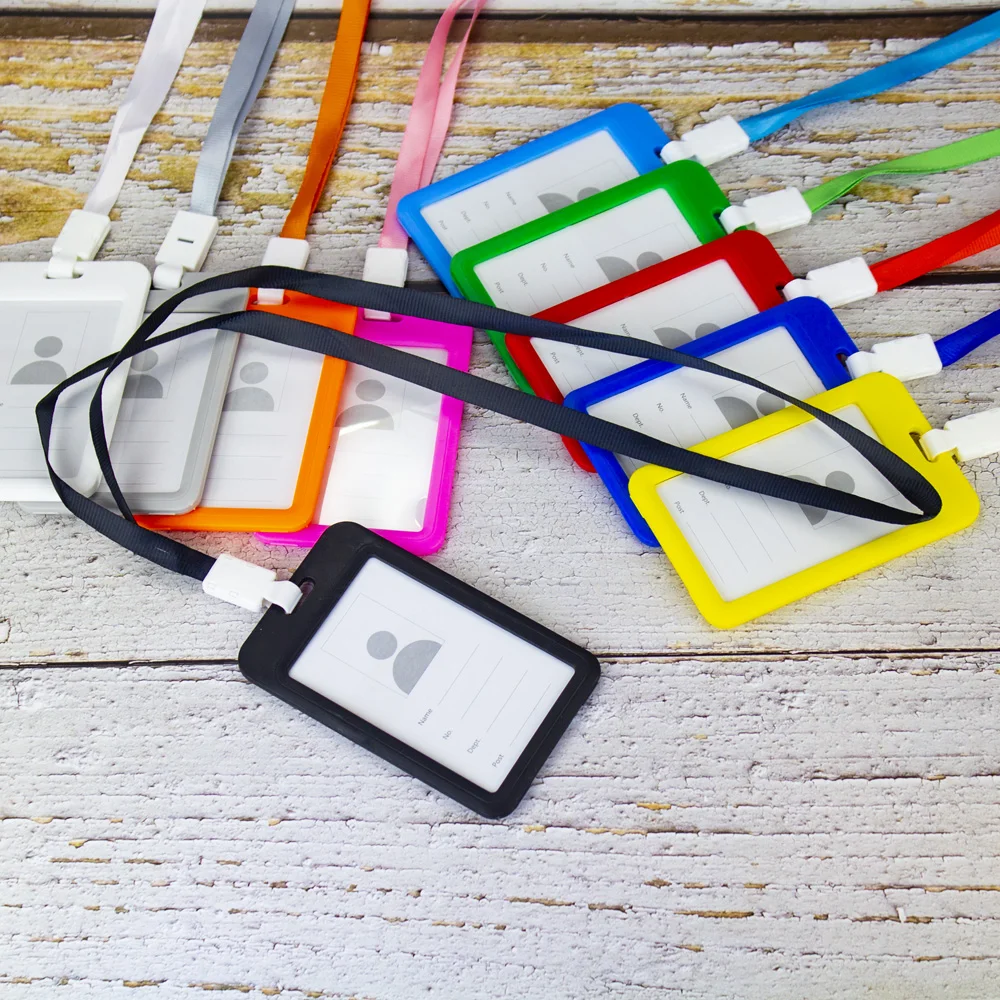 Soporte de tarjeta de identificación de Color, funda con cordón para identificación de nombre, doble transparente, para exposición de negocios, oficina y escuela, correa para colgar en el cuello