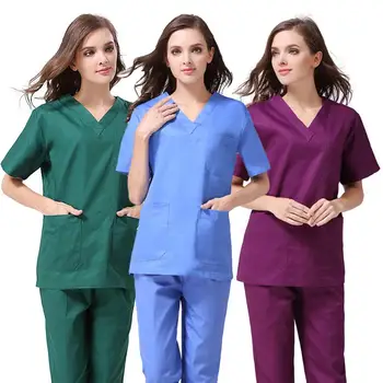 

Unisex V Neck Short Sleeve Pockets Top Pants Doctor Nurse Loose Operating Suit