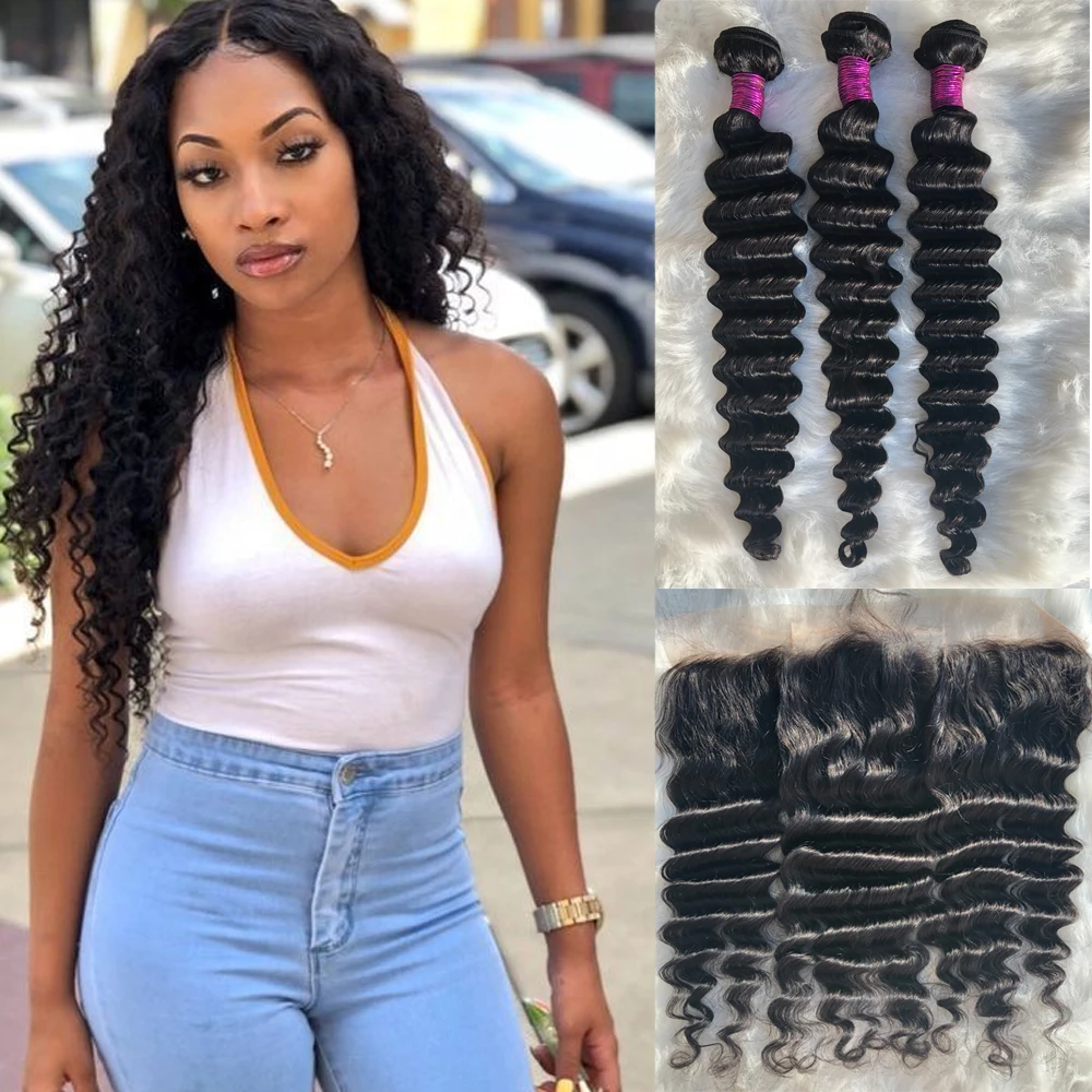 

JayMay Brazilian Hair Weave Bundles with Frontal Virgin Human Hair Deep Wave Bundles with Closure 13x4 Lace Frontal Extension