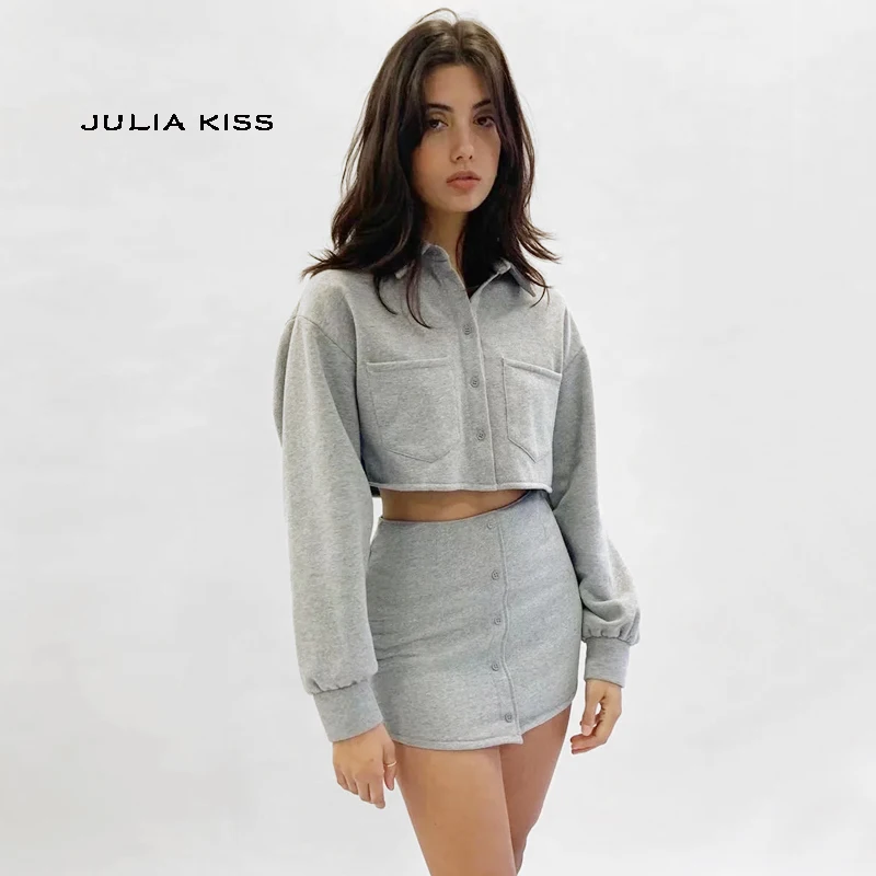 

Women Turn Down Collar Button Up Crop Top & Button Mini Skirt In Chunky Co-or