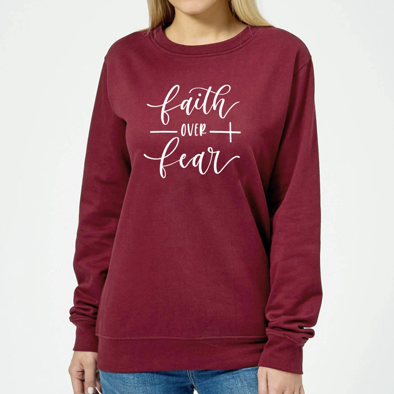 

Vintage Faith Over Fear Sweatshirts Unisex Inspiring Religious Christian Hoodies Autumn Women Long Sleeve Jumper Slogan Pullover