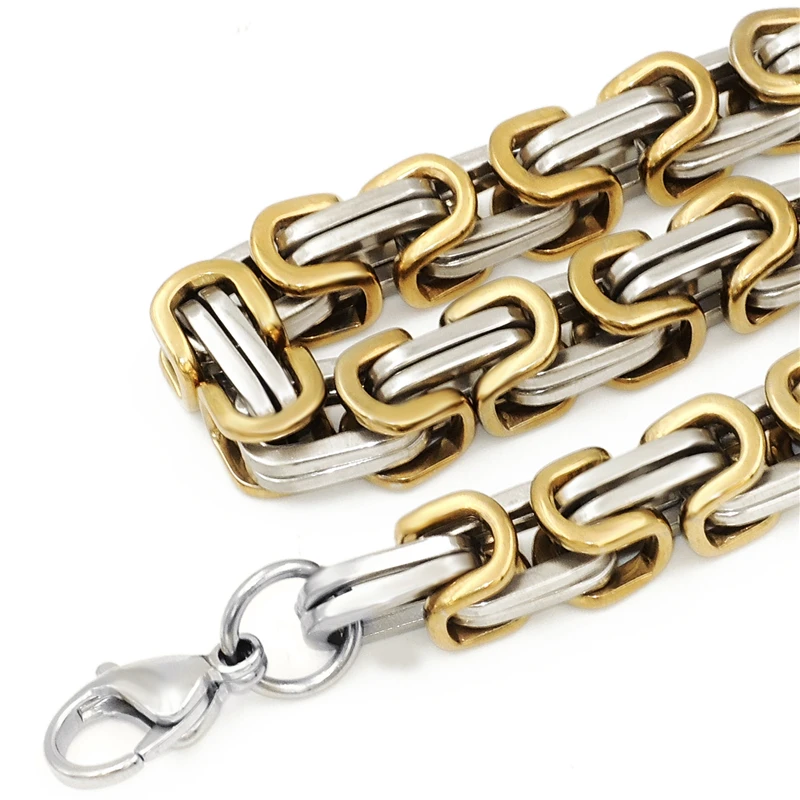 Customized 8mm Mens Boys Chain Necklace Gold /Black Silver Tone Stainless Steel Byzantine Box Necklace Jewelry 16