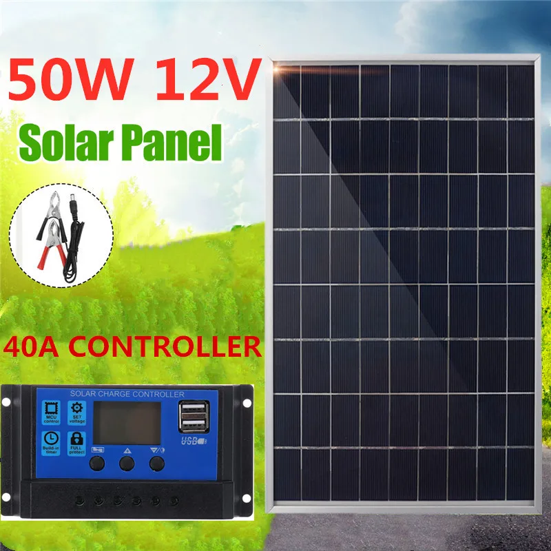 Solar Panel 50W USB 12V Monocrystalline Cell +40A Solar Charger Controller For Battery Cell Phone Charger with Battery Clip 1