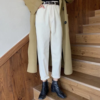 

SHIJIA Winter High Waist Casual Long Pants Women Jeans Loose Trousers 2019 Thicken Velvet Warm Pants Female Denim Pants