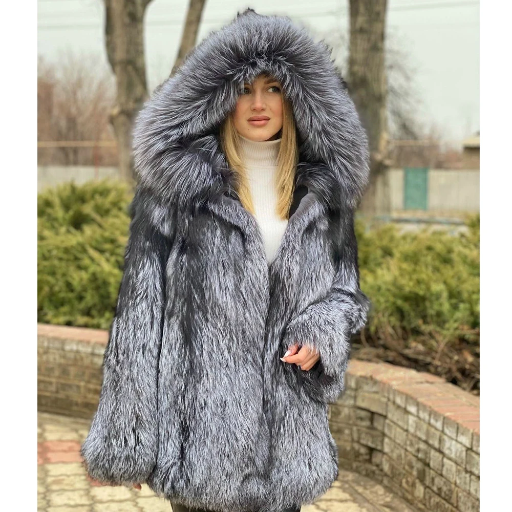 Mid-length Real Silver Fox Fur Jacket with Hood Women Winter Fashion Natural Silver Fox Fur Coat Female Thick Warm Fur Overcoats