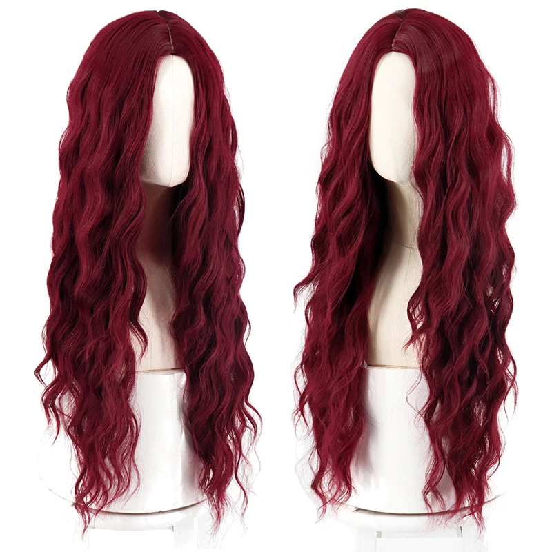 WERD Long Wavy Wine Red Synthetic Wig Women's Heat-Resistant Natural Half Part Cosplay Party Lolita Wig