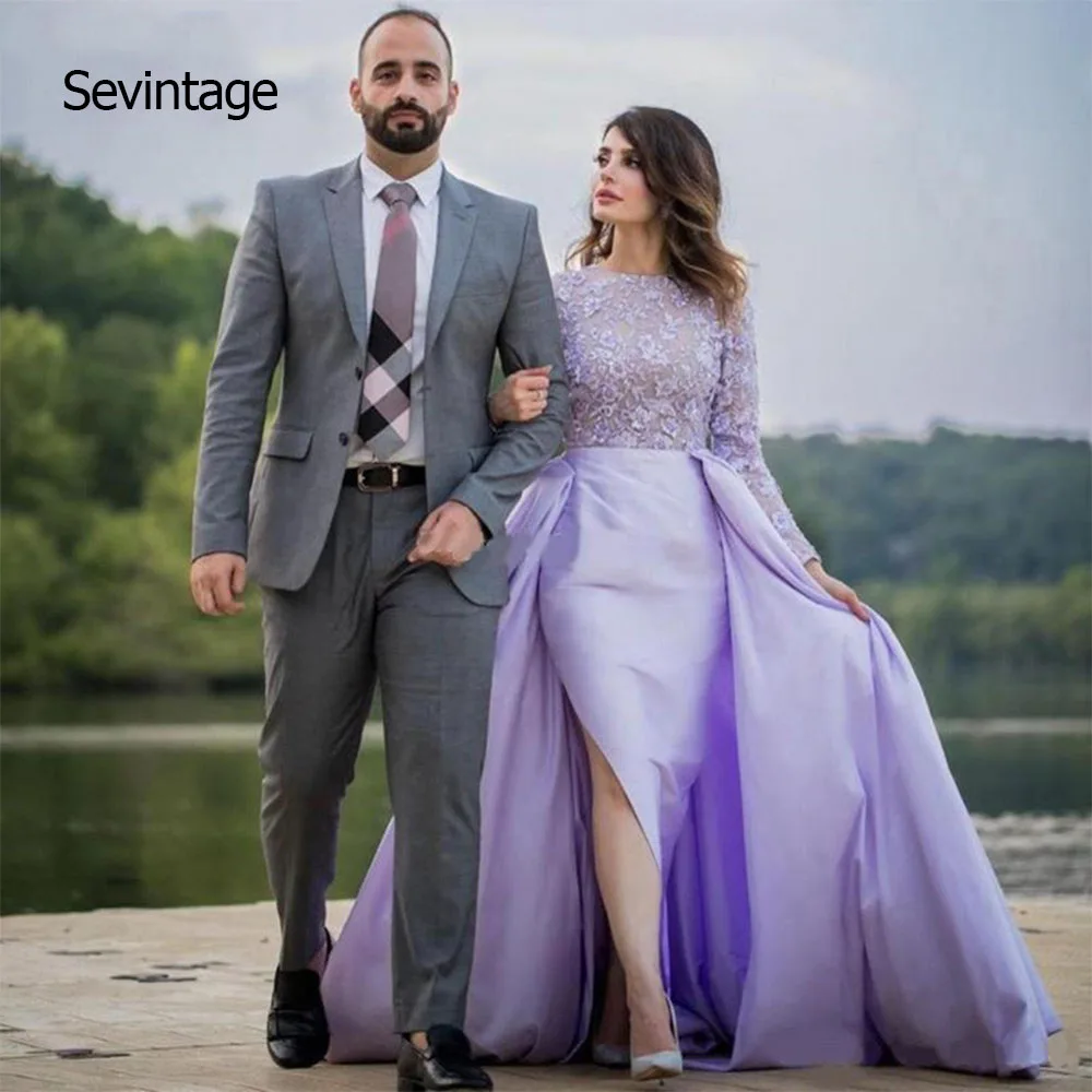 

Sevintage O-Neck Lace Evening Dresses Long Sleeves Appliques Side Split Formal Prom Party Gowns with Skirts vestidos de festa