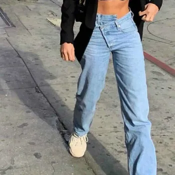 

2019 Fashion Women Blue Loose Jeans Casual Asymmetric Waist Straight Pants Full Length Pockets Denim Pants