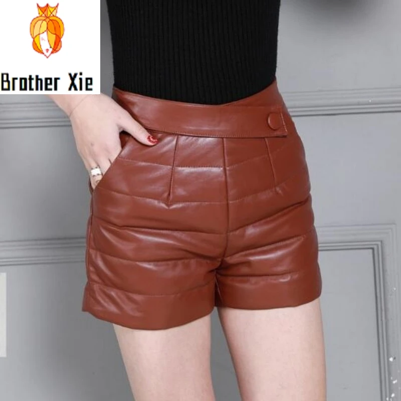 

Winter Genuine Leather Shorts Women High Waist Plaid Warm Sheepskin Short Pants Streetwear England Style Brand Ladies Shorts