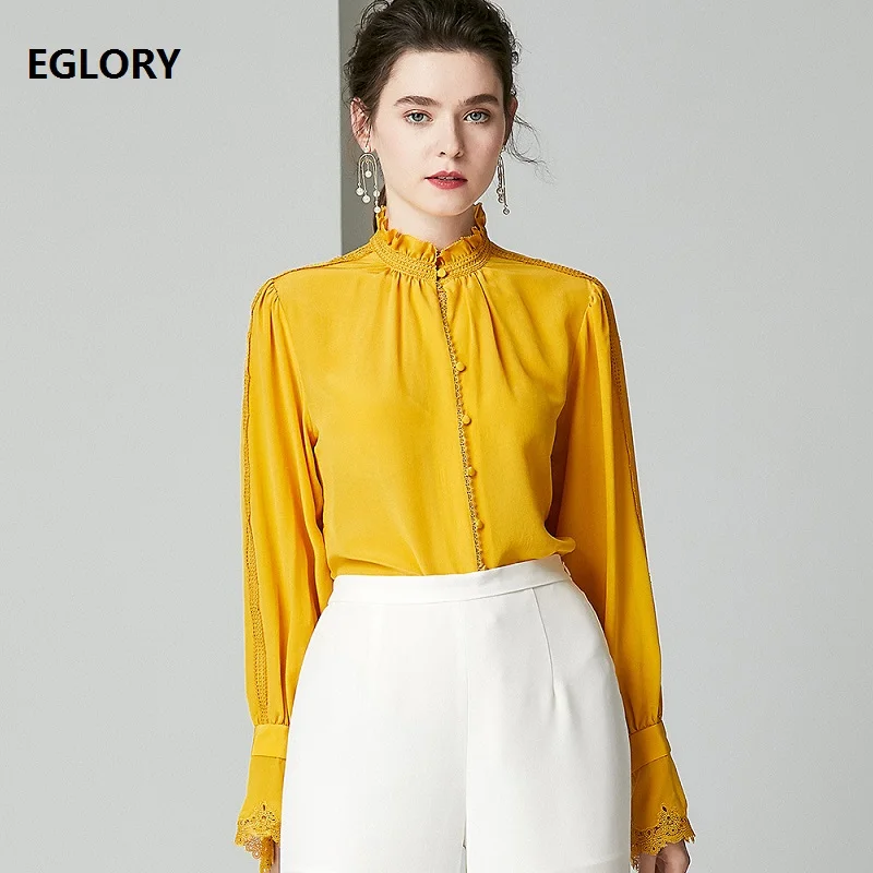

100%Silk Blouse Shirt 2019 Autumn Fashion Yellow White Green Blouses Women Ruffled Collar Lace Patchwork Flare Sleeve Shirt OL